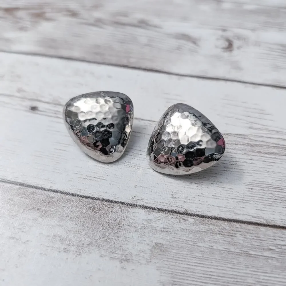 Vintage Clip On Earrings Rounded Triangle Silver Tone Hammered Pattern
